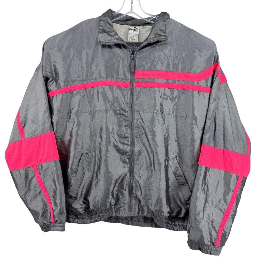 Puma Track Jacket Mens Large Gray Pink Nylon Vintage 90s Colorblock Zip Up